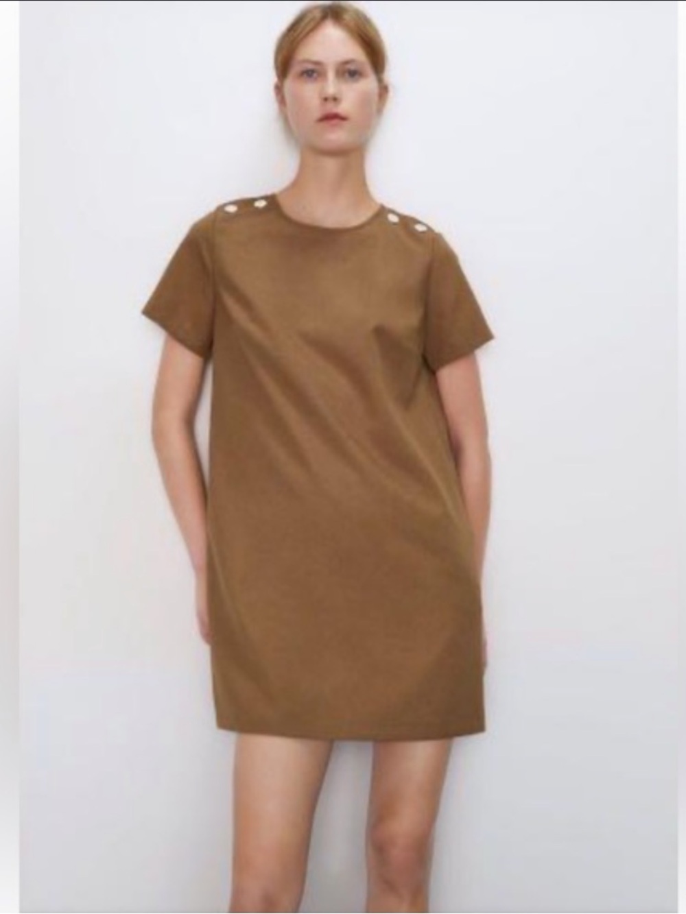 Zara Tan Shift Dress with Shoulder Buttons size M color camel